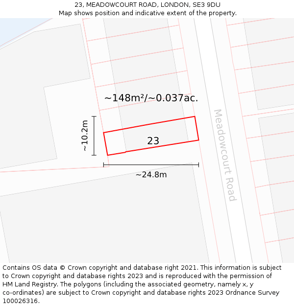 23, MEADOWCOURT ROAD, LONDON, SE3 9DU: Plot and title map