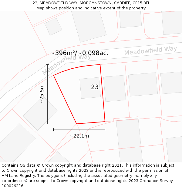 23, MEADOWFIELD WAY, MORGANSTOWN, CARDIFF, CF15 8FL: Plot and title map