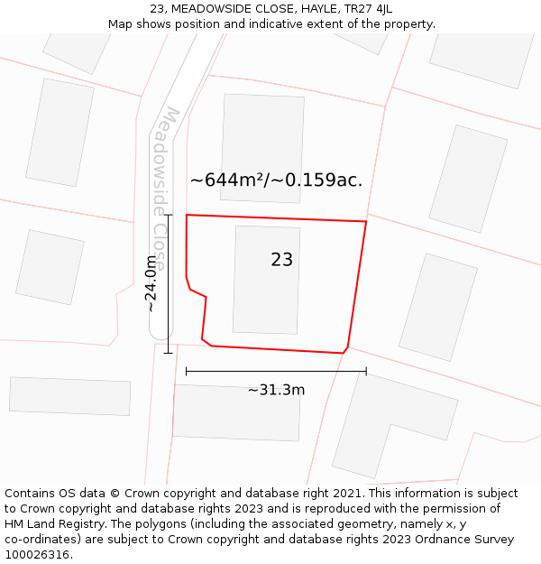 23, MEADOWSIDE CLOSE, HAYLE, TR27 4JL: Plot and title map