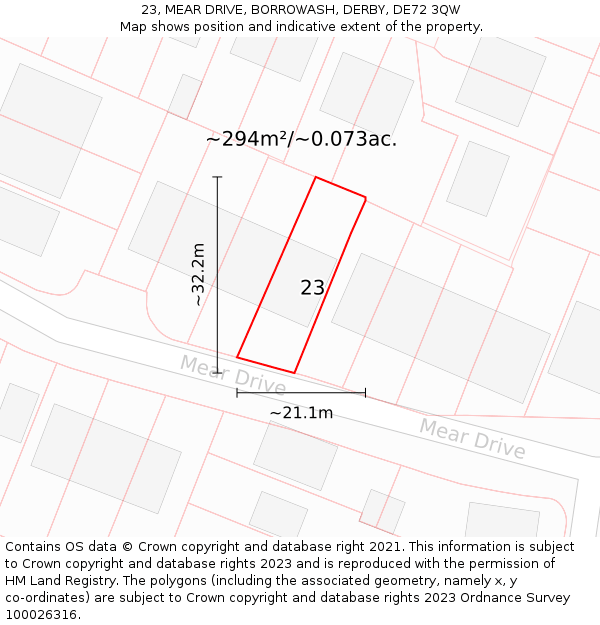 23, MEAR DRIVE, BORROWASH, DERBY, DE72 3QW: Plot and title map