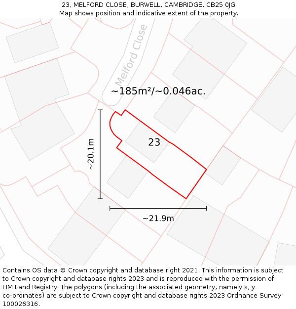 23, MELFORD CLOSE, BURWELL, CAMBRIDGE, CB25 0JG: Plot and title map