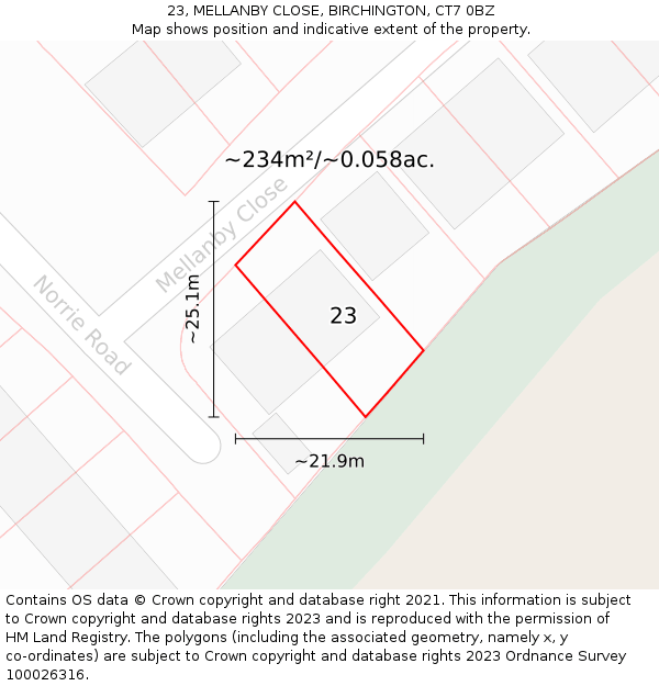 23, MELLANBY CLOSE, BIRCHINGTON, CT7 0BZ: Plot and title map