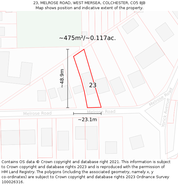 23, MELROSE ROAD, WEST MERSEA, COLCHESTER, CO5 8JB: Plot and title map