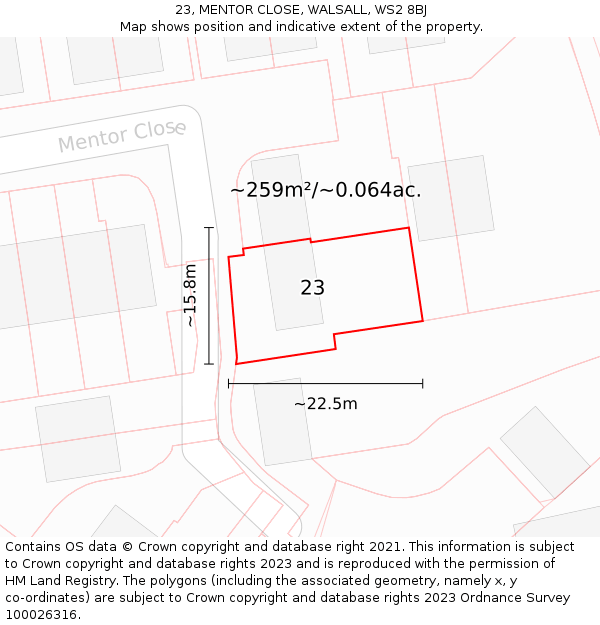 23, MENTOR CLOSE, WALSALL, WS2 8BJ: Plot and title map