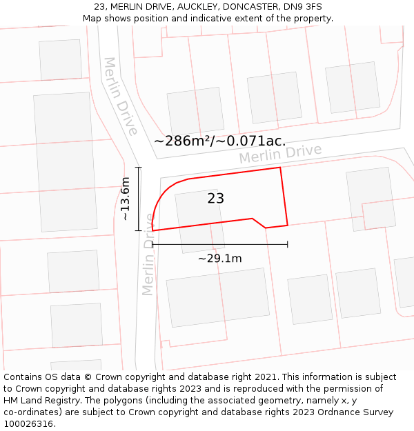 23, MERLIN DRIVE, AUCKLEY, DONCASTER, DN9 3FS: Plot and title map