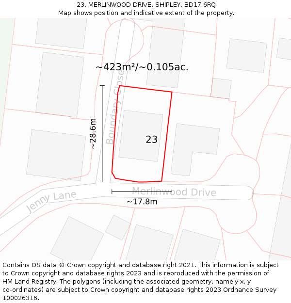 23, MERLINWOOD DRIVE, SHIPLEY, BD17 6RQ: Plot and title map