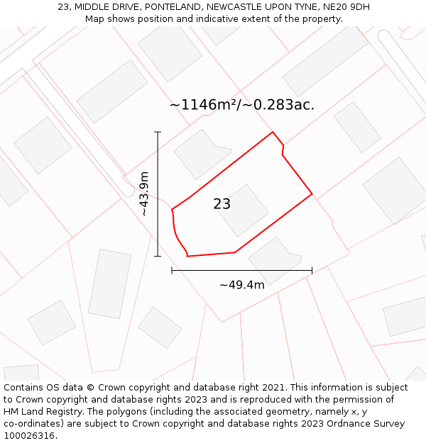 23, MIDDLE DRIVE, PONTELAND, NEWCASTLE UPON TYNE, NE20 9DH: Plot and title map