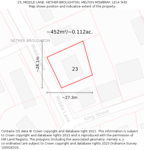 23, MIDDLE LANE, NETHER BROUGHTON, MELTON MOWBRAY, LE14 3HD: Plot and title map