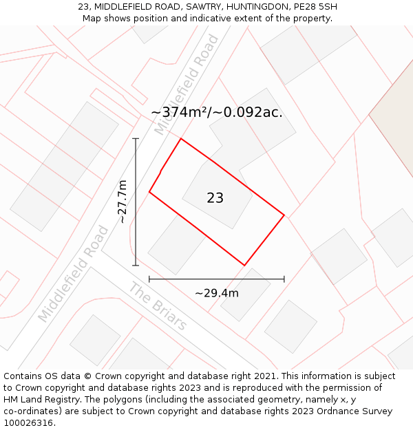 23, MIDDLEFIELD ROAD, SAWTRY, HUNTINGDON, PE28 5SH: Plot and title map