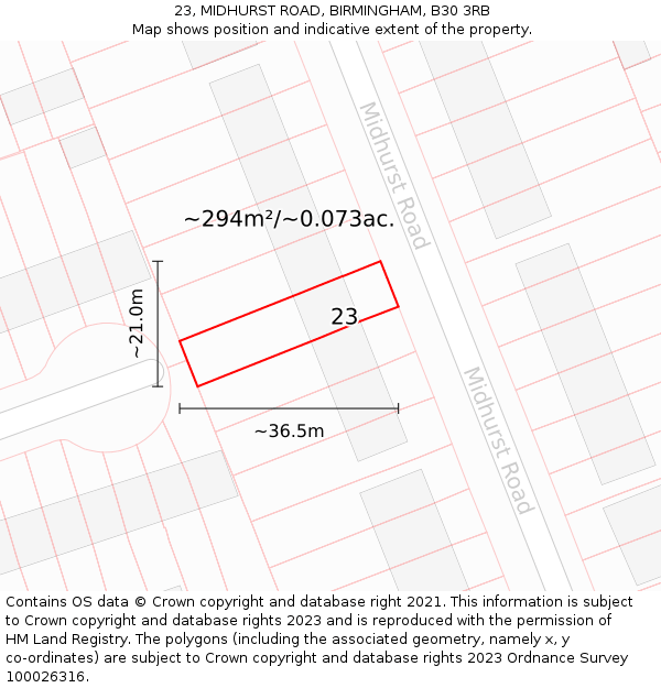 23, MIDHURST ROAD, BIRMINGHAM, B30 3RB: Plot and title map