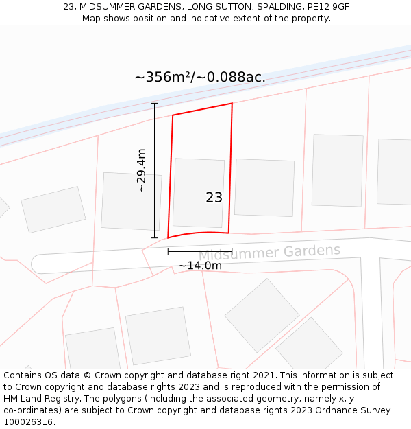 23, MIDSUMMER GARDENS, LONG SUTTON, SPALDING, PE12 9GF: Plot and title map