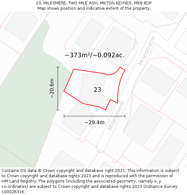 23, MILESMERE, TWO MILE ASH, MILTON KEYNES, MK8 8DP: Plot and title map