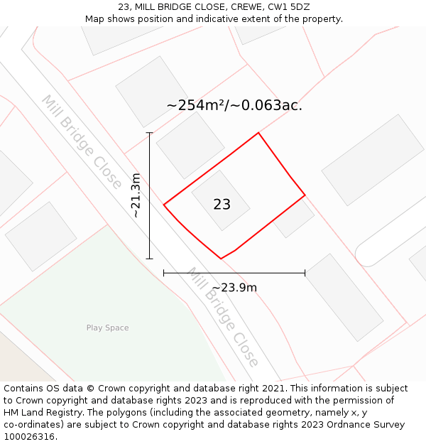 23, MILL BRIDGE CLOSE, CREWE, CW1 5DZ: Plot and title map