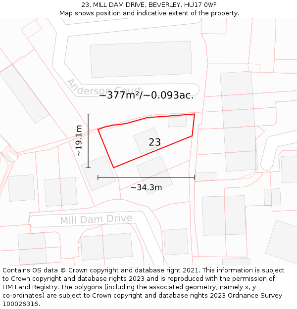 23, MILL DAM DRIVE, BEVERLEY, HU17 0WF: Plot and title map