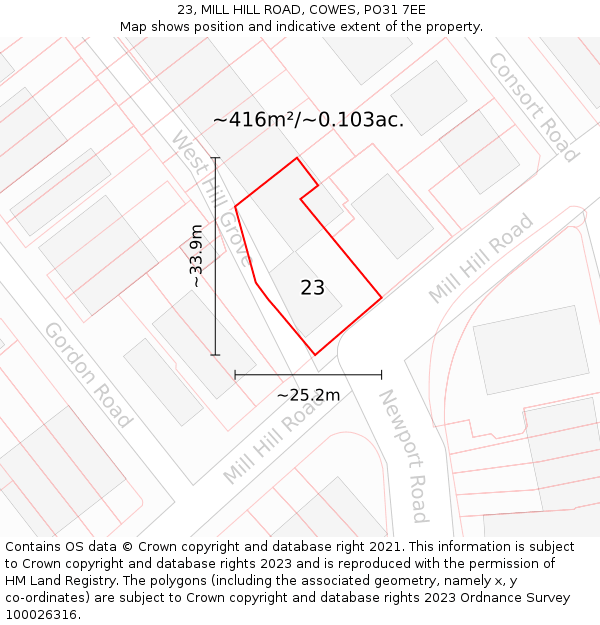 23, MILL HILL ROAD, COWES, PO31 7EE: Plot and title map