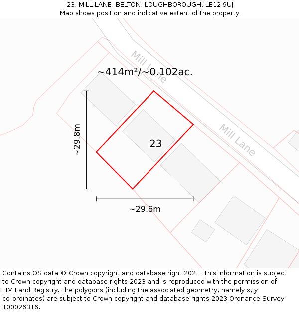 23, MILL LANE, BELTON, LOUGHBOROUGH, LE12 9UJ: Plot and title map