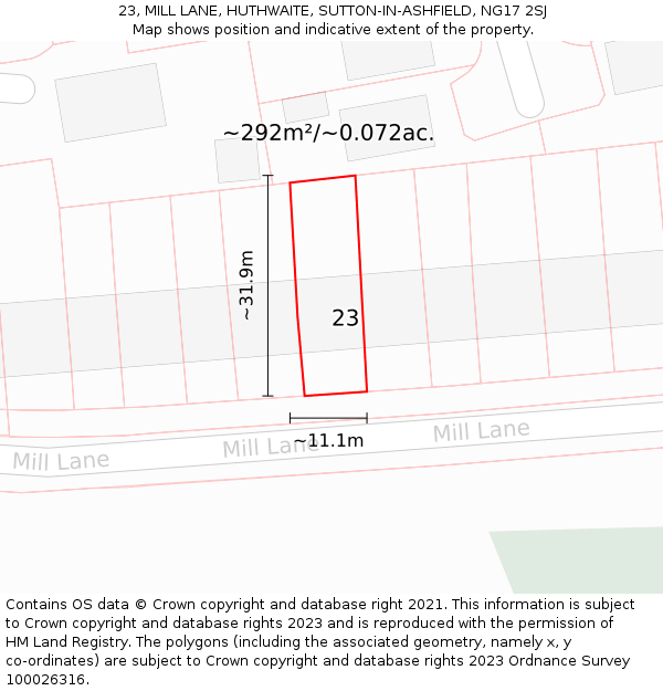 23, MILL LANE, HUTHWAITE, SUTTON-IN-ASHFIELD, NG17 2SJ: Plot and title map