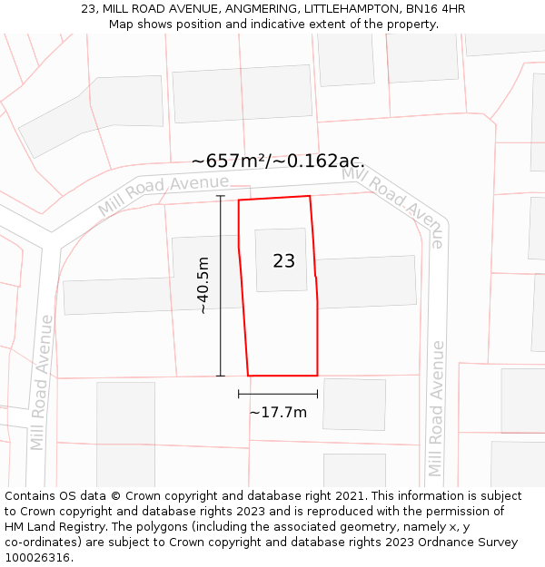 23, MILL ROAD AVENUE, ANGMERING, LITTLEHAMPTON, BN16 4HR: Plot and title map