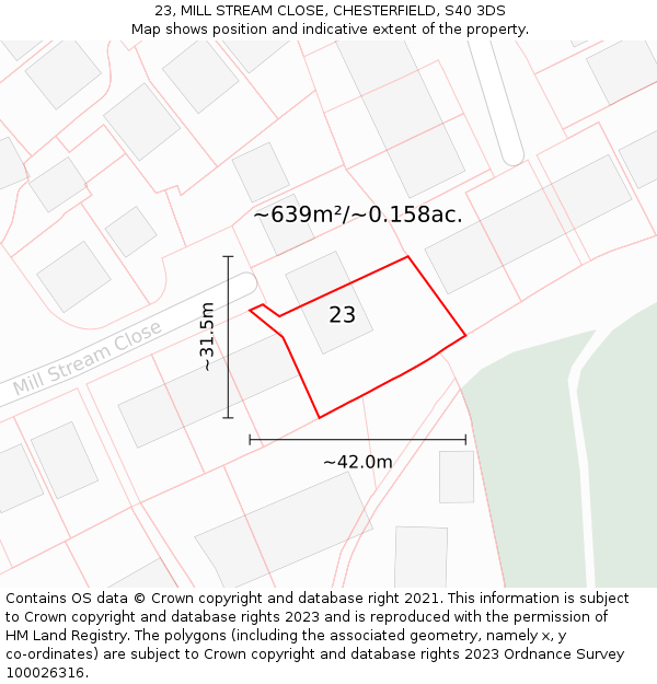 23, MILL STREAM CLOSE, CHESTERFIELD, S40 3DS: Plot and title map