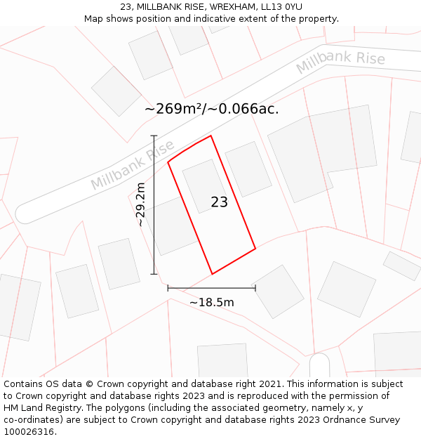 23, MILLBANK RISE, WREXHAM, LL13 0YU: Plot and title map