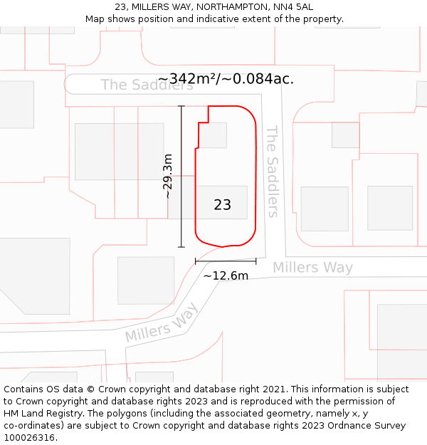 23, MILLERS WAY, NORTHAMPTON, NN4 5AL: Plot and title map