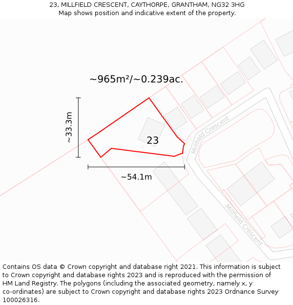 23, MILLFIELD CRESCENT, CAYTHORPE, GRANTHAM, NG32 3HG: Plot and title map