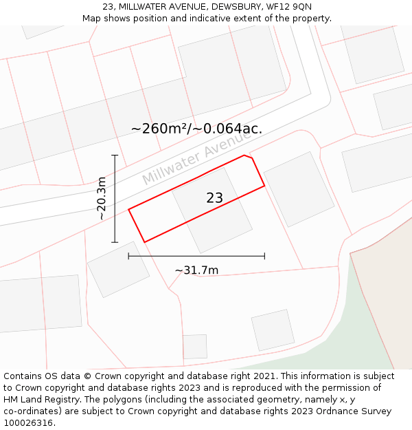 23, MILLWATER AVENUE, DEWSBURY, WF12 9QN: Plot and title map