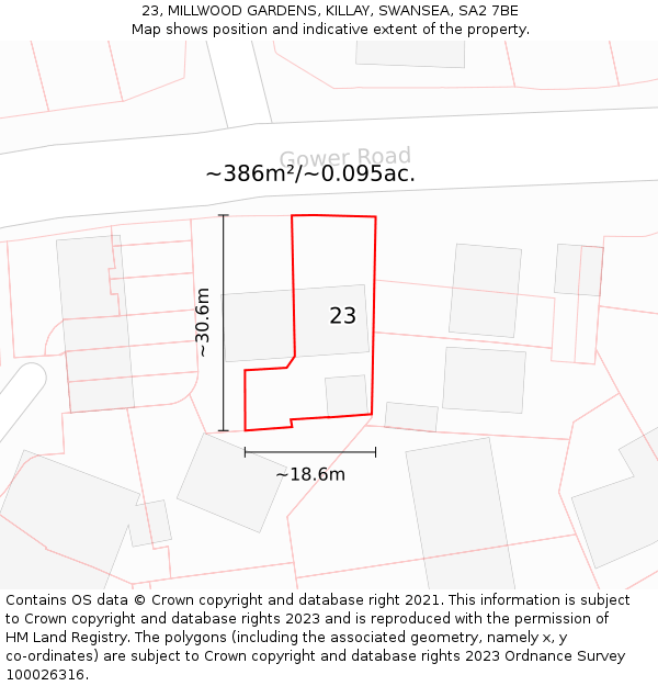 23, MILLWOOD GARDENS, KILLAY, SWANSEA, SA2 7BE: Plot and title map