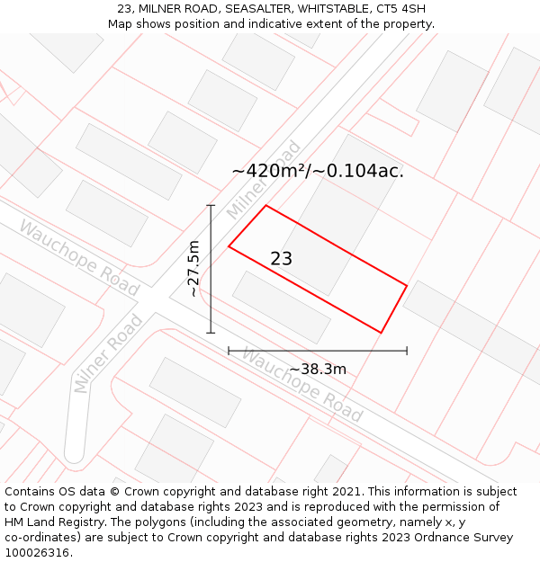 23, MILNER ROAD, SEASALTER, WHITSTABLE, CT5 4SH: Plot and title map