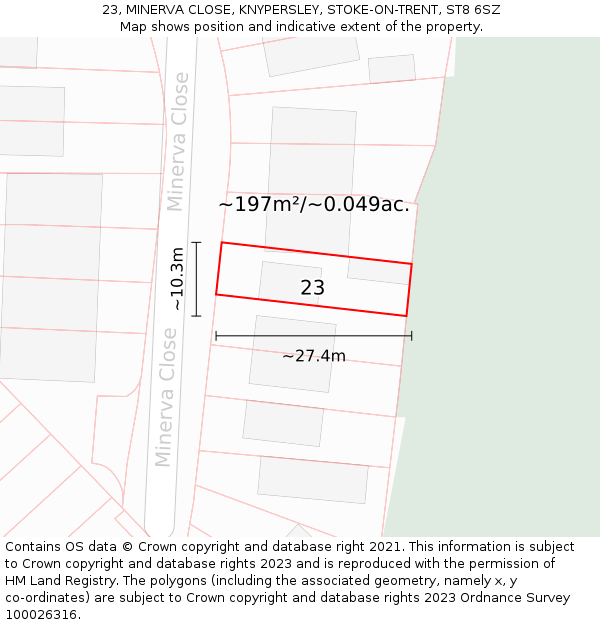 23, MINERVA CLOSE, KNYPERSLEY, STOKE-ON-TRENT, ST8 6SZ: Plot and title map