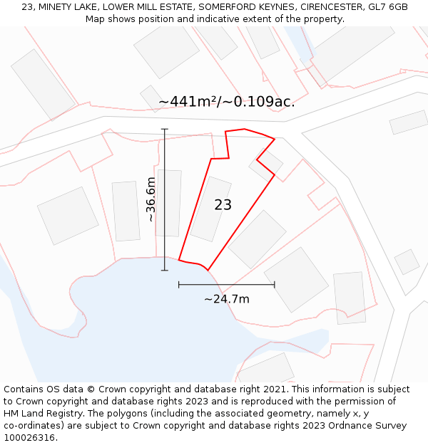 23, MINETY LAKE, LOWER MILL ESTATE, SOMERFORD KEYNES, CIRENCESTER, GL7 6GB: Plot and title map