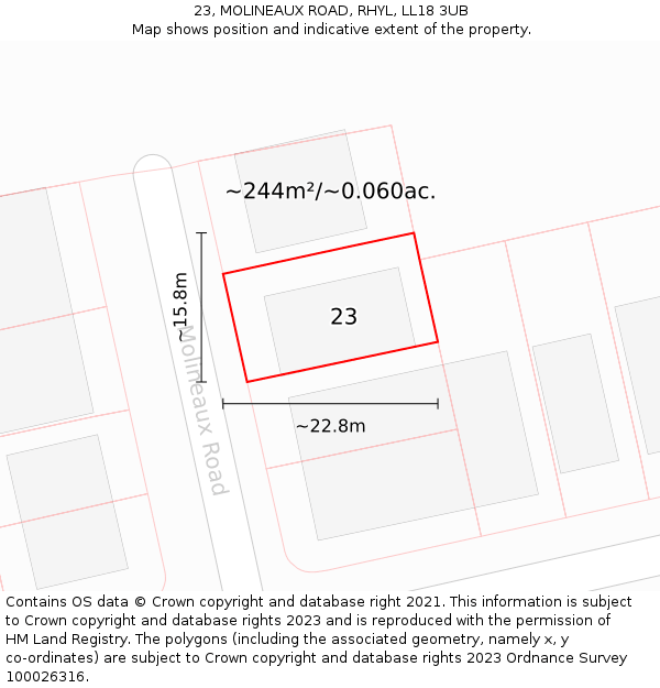 23, MOLINEAUX ROAD, RHYL, LL18 3UB: Plot and title map