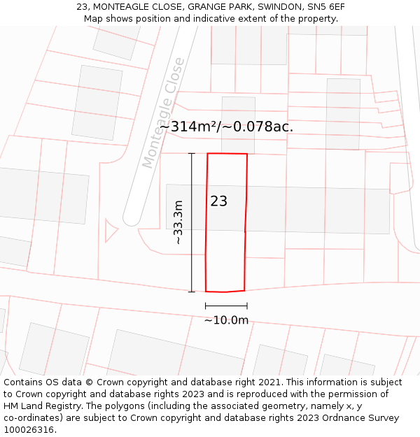 23, MONTEAGLE CLOSE, GRANGE PARK, SWINDON, SN5 6EF: Plot and title map