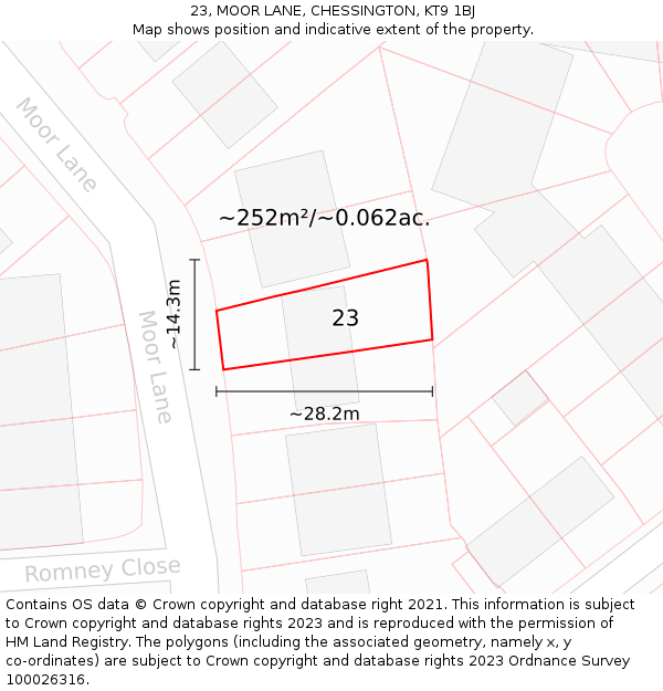 23, MOOR LANE, CHESSINGTON, KT9 1BJ: Plot and title map
