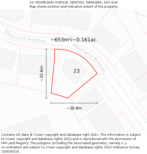 23, MOORLAND AVENUE, NEWTON, SWANSEA, SA3 4UA: Plot and title map