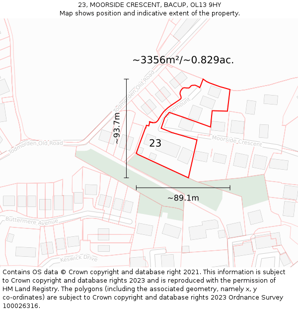 23, MOORSIDE CRESCENT, BACUP, OL13 9HY: Plot and title map