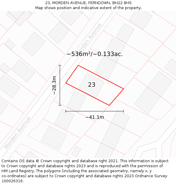 23, MORDEN AVENUE, FERNDOWN, BH22 8HS: Plot and title map