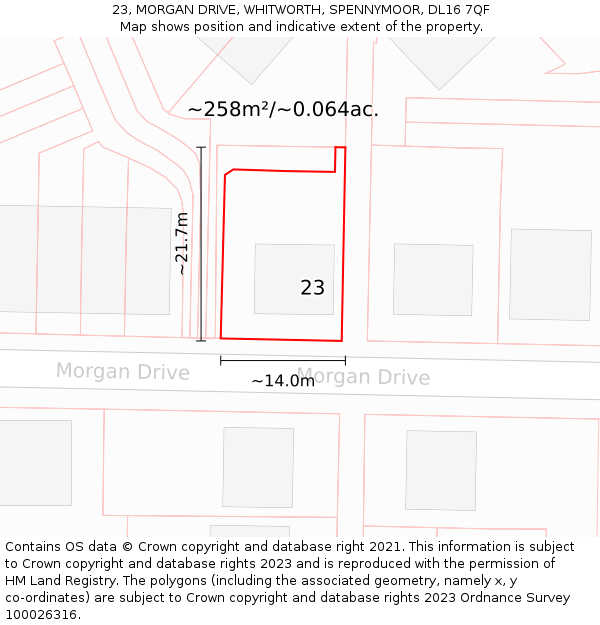 23, MORGAN DRIVE, WHITWORTH, SPENNYMOOR, DL16 7QF: Plot and title map