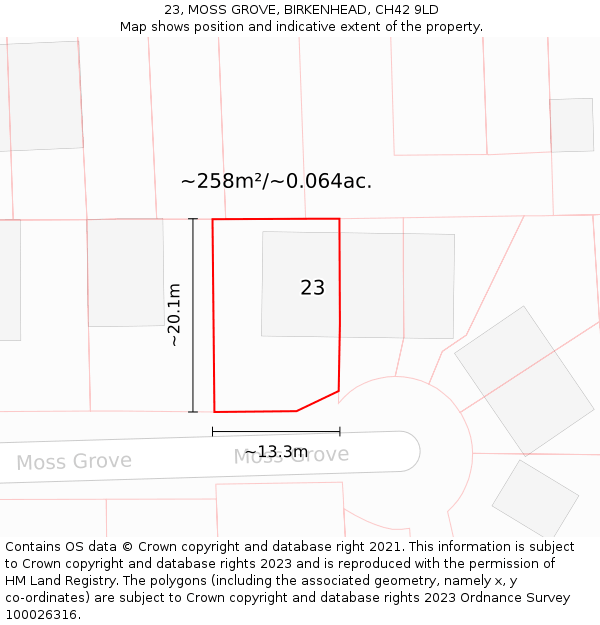23, MOSS GROVE, BIRKENHEAD, CH42 9LD: Plot and title map