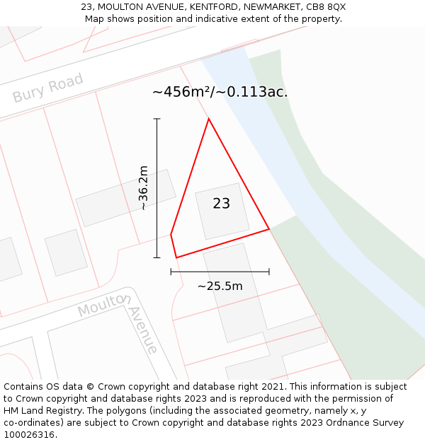 23, MOULTON AVENUE, KENTFORD, NEWMARKET, CB8 8QX: Plot and title map