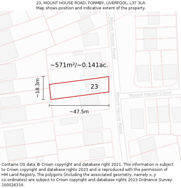 23, MOUNT HOUSE ROAD, FORMBY, LIVERPOOL, L37 3LA: Plot and title map