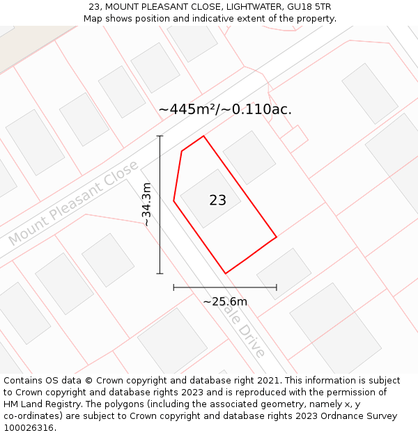 23, MOUNT PLEASANT CLOSE, LIGHTWATER, GU18 5TR: Plot and title map