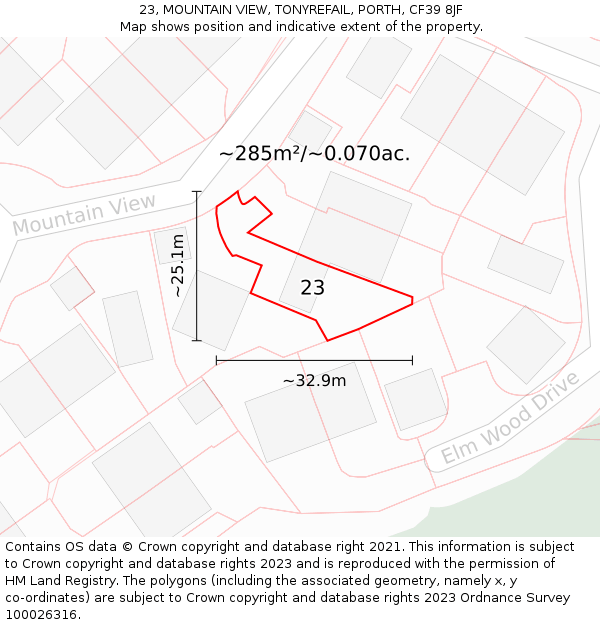 23, MOUNTAIN VIEW, TONYREFAIL, PORTH, CF39 8JF: Plot and title map