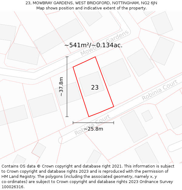 23, MOWBRAY GARDENS, WEST BRIDGFORD, NOTTINGHAM, NG2 6JN: Plot and title map