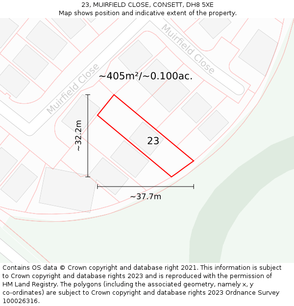 23, MUIRFIELD CLOSE, CONSETT, DH8 5XE: Plot and title map