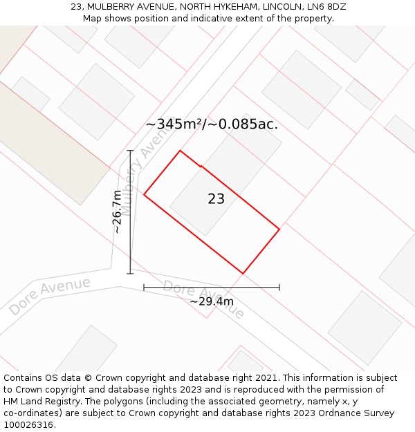 23, MULBERRY AVENUE, NORTH HYKEHAM, LINCOLN, LN6 8DZ: Plot and title map