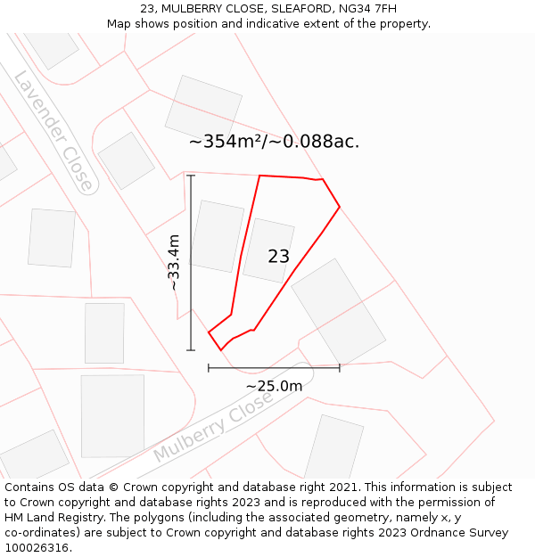 23, MULBERRY CLOSE, SLEAFORD, NG34 7FH: Plot and title map