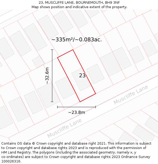 23, MUSCLIFFE LANE, BOURNEMOUTH, BH9 3NF: Plot and title map