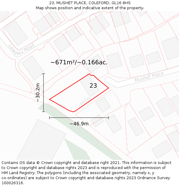 23, MUSHET PLACE, COLEFORD, GL16 8HS: Plot and title map