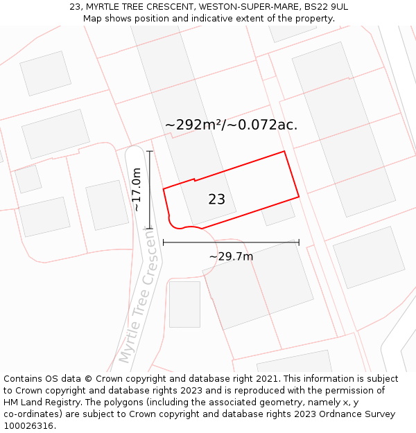 23, MYRTLE TREE CRESCENT, WESTON-SUPER-MARE, BS22 9UL: Plot and title map